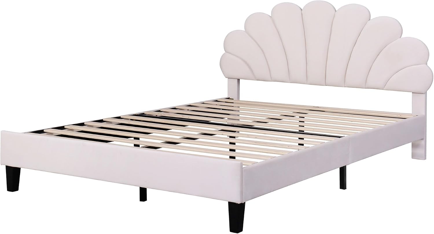 Harper & Bright Designs Queen Size Upholstered Platform Bed Frame with Flower Pattern Velvet Headboard for Boys Girls Kids Adults, Beige