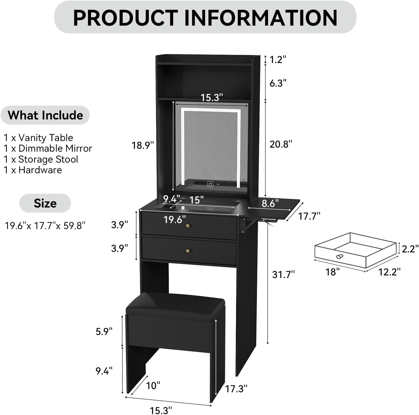 ARTETHYS Small Vanity Desk Set with 3 Adjustable Lighted Mirror and Storage Chair Mini Black Makeup Vanities Set for Bedroom Compact Make up Dressing Table with Fold-up Panel for Tiny Space