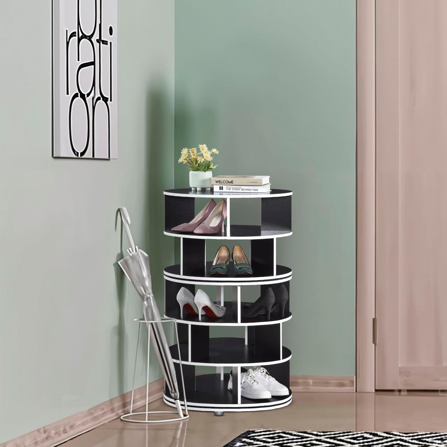 Kings Brand Furniture - 5-Tier Rotating Shoe Rack, 360° Revolving Lazy Susan Spinning Shoe Rack Tower Storage Organizer for Closet Entryway Bedroom Hallway, Black
