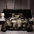 100% Long Staple Cotton Luxury 6-Piece Set, Elegant Black and Gold Satin Bedding Set, 3D Embroidered Jacquard, Quilt Cover，Sheet+2 Pillowcases and 2 Cushion Covers (Jinshan,Full)