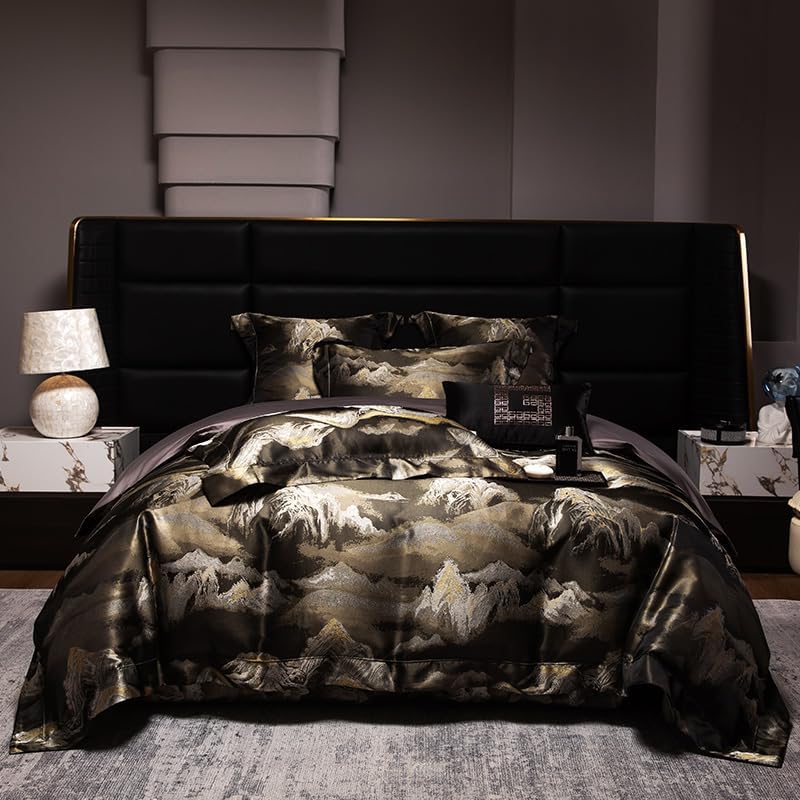 100% Long Staple Cotton Luxury 6-Piece Set, Elegant Black and Gold Satin Bedding Set, 3D Embroidered Jacquard, Quilt Cover，Sheet+2 Pillowcases and 2 Cushion Covers (Jinshan,Full)
