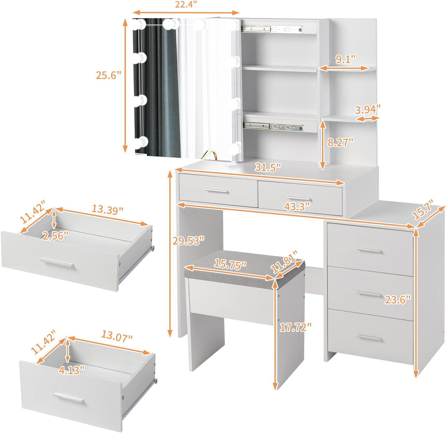 VINGLI Vanity Desk with Mirror, 10 Lights and Stool, Makeup Table with 5 Drawer and 4 Storage Shelves, Dressing Table for Bedroom Dressing Room, White