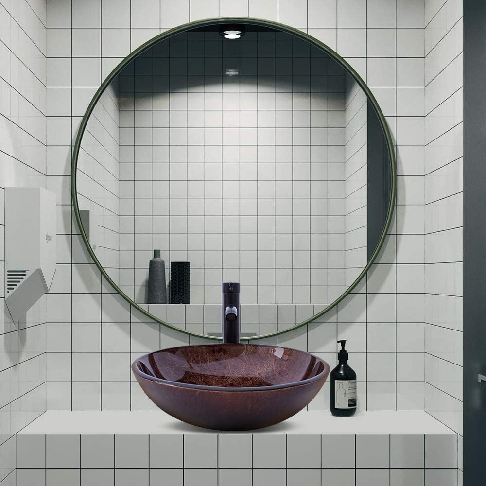 Bathroom Vessel Sink 16.5' Vessel Sinks Tempered Glass Brown Art Basin Round Bowl with Faucet Combo Brown,Countertop Bowl Sink for Lavatory Vanity Cabinet