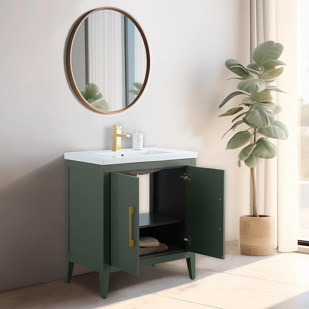 Vanity Art 30 inch Bathroom Vanity with Single Sink & Ceramic Top, Vanity Cabinet with Soft-Closing Doors, Solid Wood Frame, Vintage Green, VA9030-VG-BN1