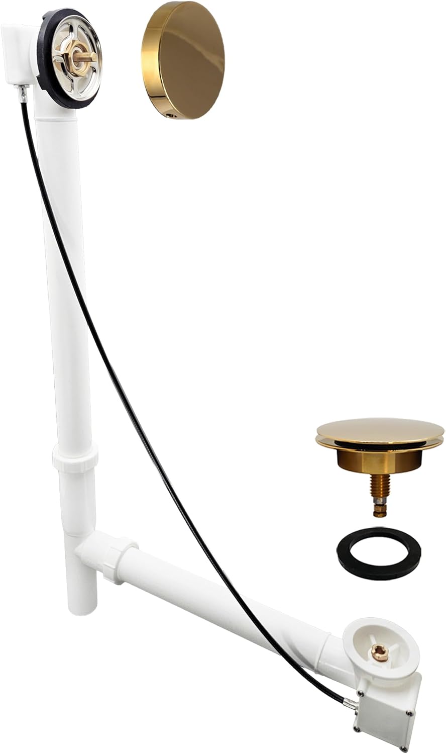 Westbrass D50P27TLERE-01 27' Cable Drive Bath Drain Trim with Rotary Overflow Cover Knob, Pop-Up Stopper and Poly Tubular Pipes & Fittings, Polished Brass