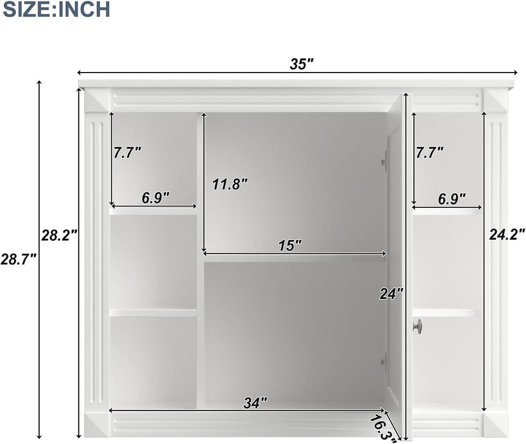 Merax Medicine Cabinet with Mirror, Wall Mount Bathroom Cabinet 35' x 28' Over Toilet Storage Cabinet Organizer with Door and Open Shelves, Mirrored Bathroom Wall Cabinet