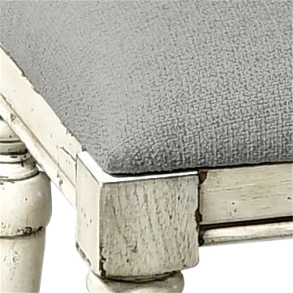 Pemberly Row Farmhouse Distressed Rustic Ivory Wood Vanity Bench, Solid Wood Frame, Dove Gray Upholstered Seat, Tapered Turned Legs, 18' H x 20' W x 16' D, Bedroom or Dressing Area Seating