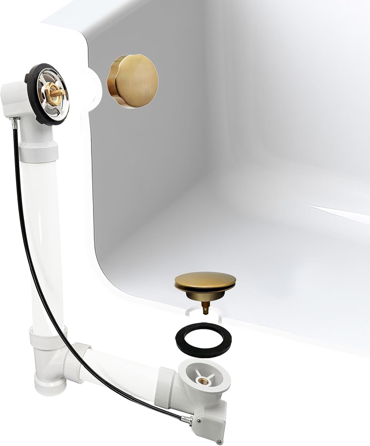 Westbrass A50P45-19 45' SCH. 40 PVC Cable Driven Bath Drain Trim Kit with Rotary Overflow Cover Knob and Pop-Up Stopper, Champagne Bronze