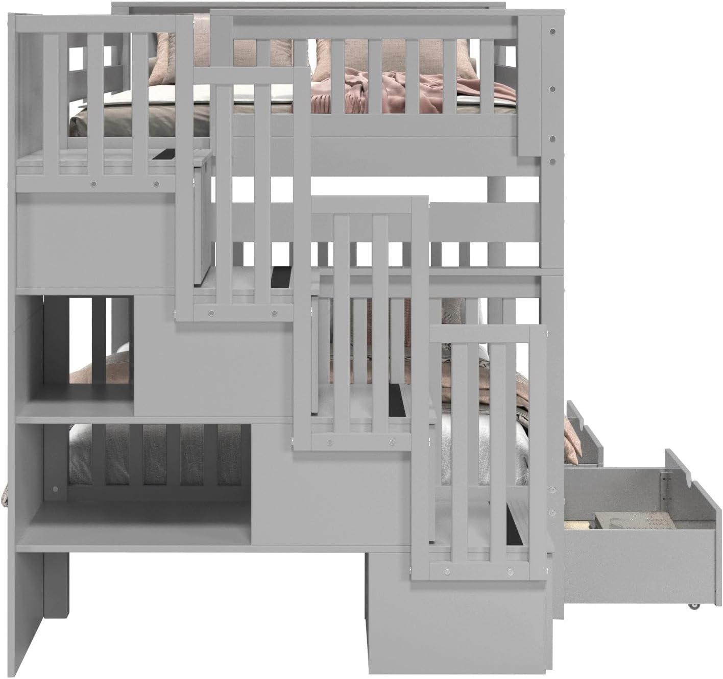 Bedz King Stairway Bunk Beds Full Over Full, 4 Step Drawers, 2 Storage Drawers, Gray