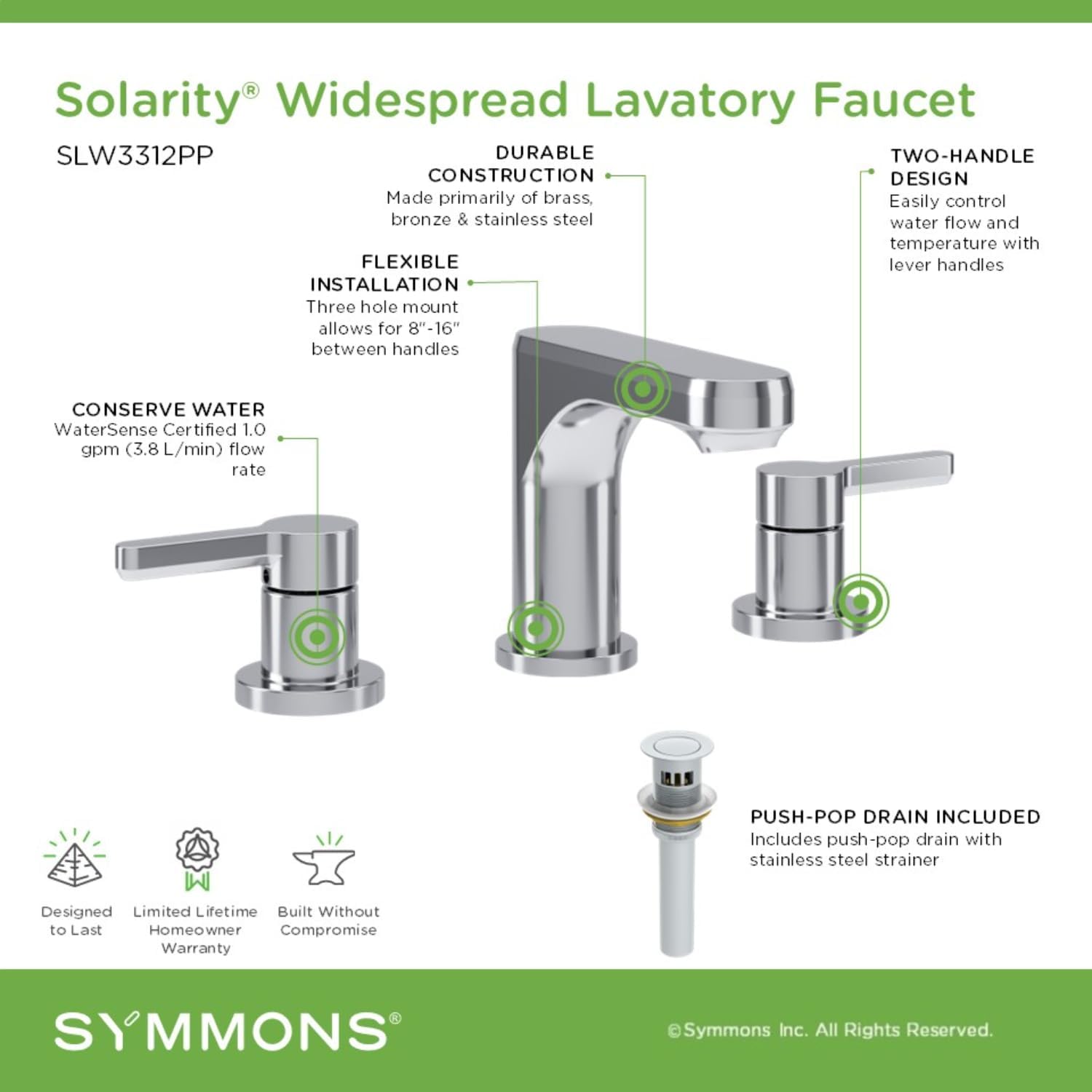 Symmons Solarity Two Handle Widespread Bathroom Sink Faucet with Push Pop Drain in Polished Chrome