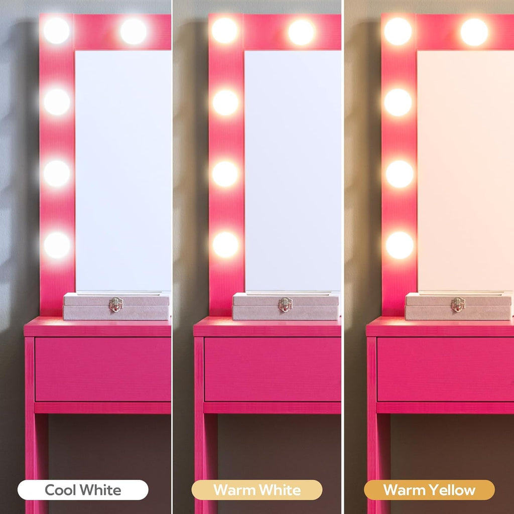 Palimder Vanity Desk with Lamp Bulb Mirror Drawers,Vanity Storage Bench,Makeup Vanities Table for Bedroom,Rose Red