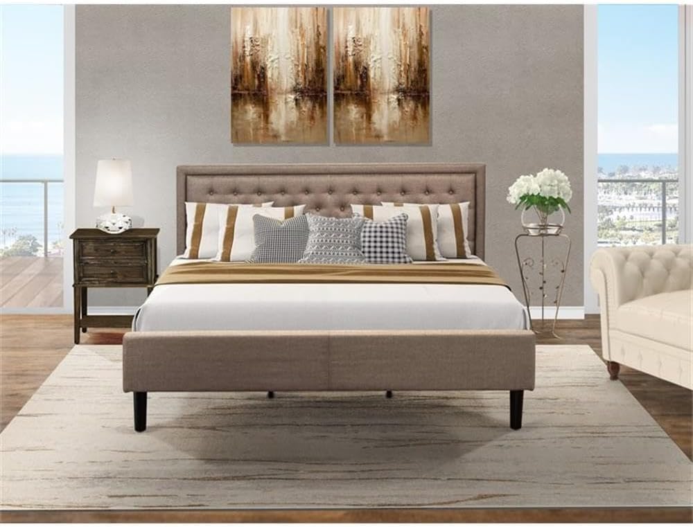 East West Furniture KD16K-1VL07 2 Piece Size Bedroom Set-1 King Bed Brown Linen Fabric Padded and Button Tufted Headboard with 1 Mid Century Distressed Jacobean Finish Nightstand