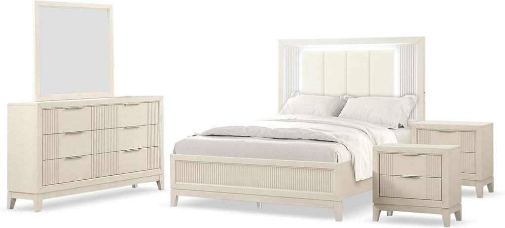 Furniture of America Oberlin Modern Solid Wood 5-Piece Bedroom Set with LED on Padded Fabric Headboard, Vertical Channel Tufting, Chrome Finger Pulls, Box Spring Needed, King, Antique White
