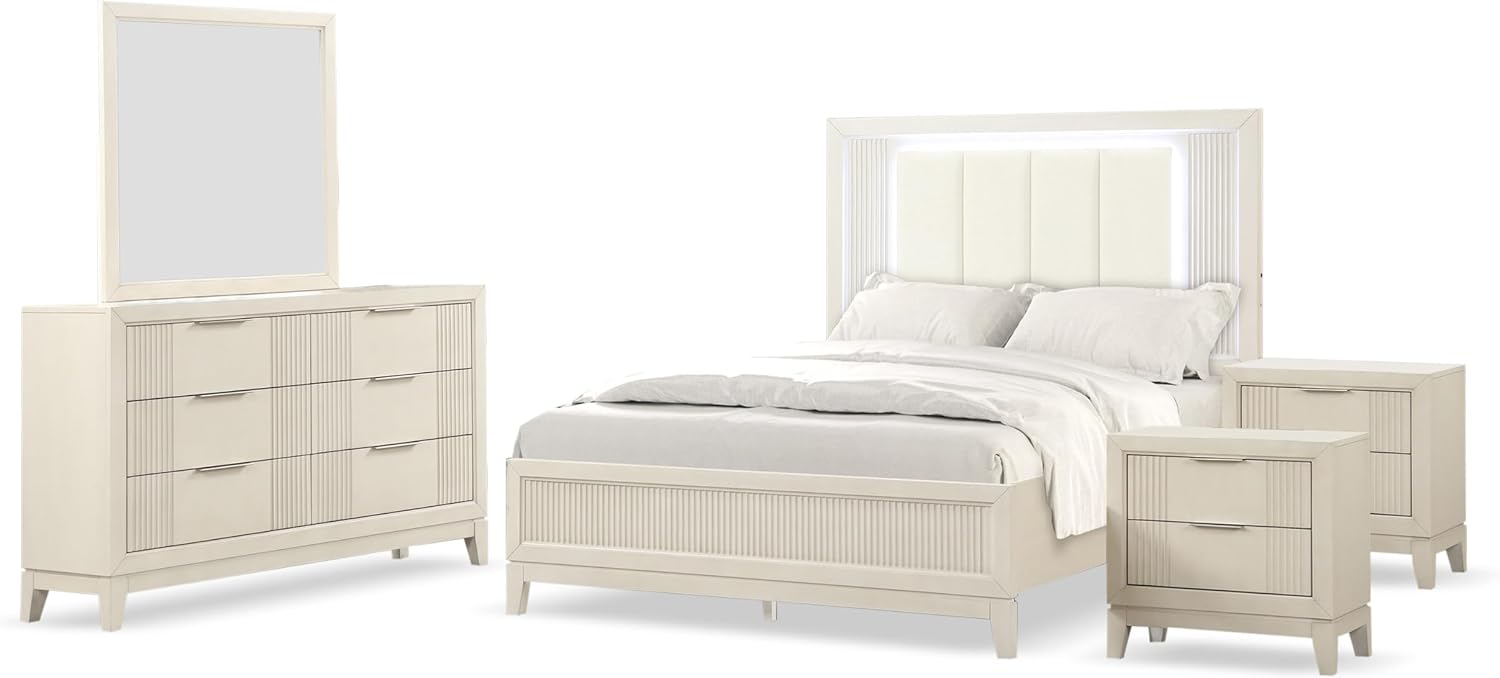Furniture of America Oberlin Modern Solid Wood 5-Piece Bedroom Set with LED on Padded Fabric Headboard, Vertical Channel Tufting, Chrome Finger Pulls, Box Spring Needed, King, Antique White