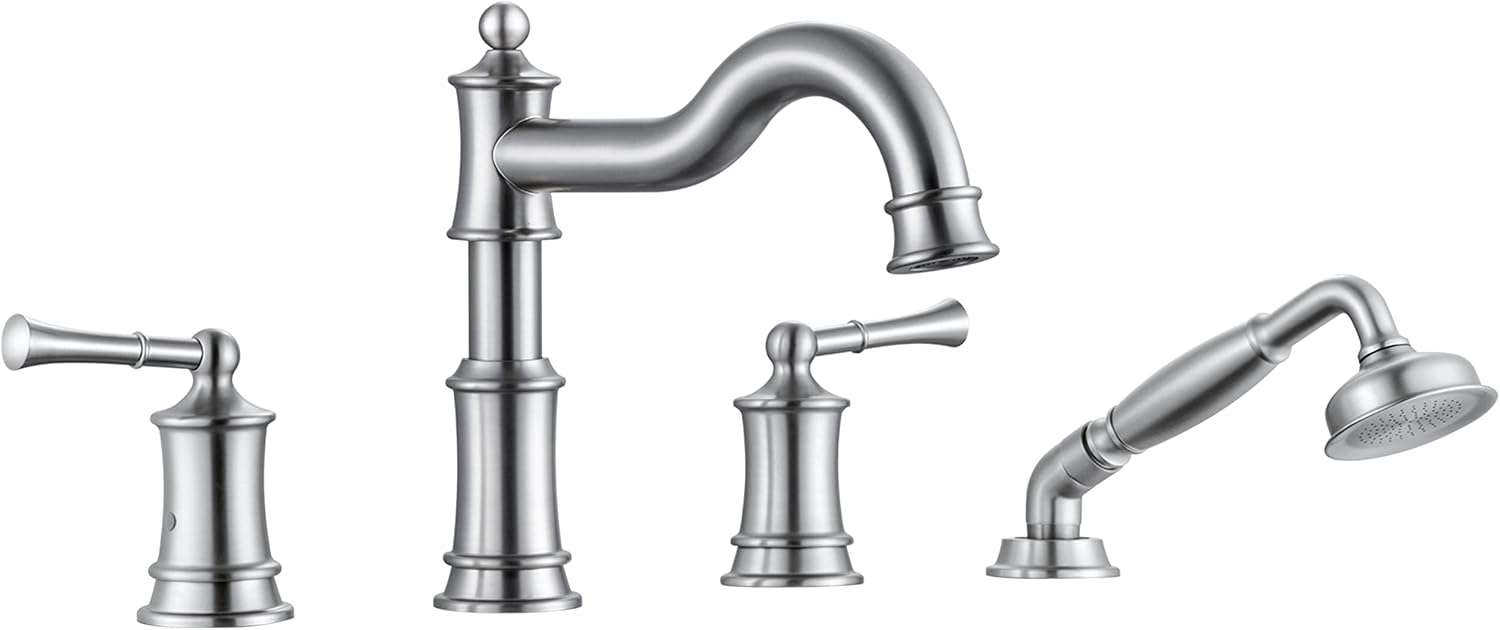 Roman Bathtub Faucet Set With Hand Shower 4 Hole Deck Mount Tub Filler With Diverter, 2 Lever Handle Rough-in Valve and Water Supply Lines Included for Bathroom Tub, Brushed Nickel