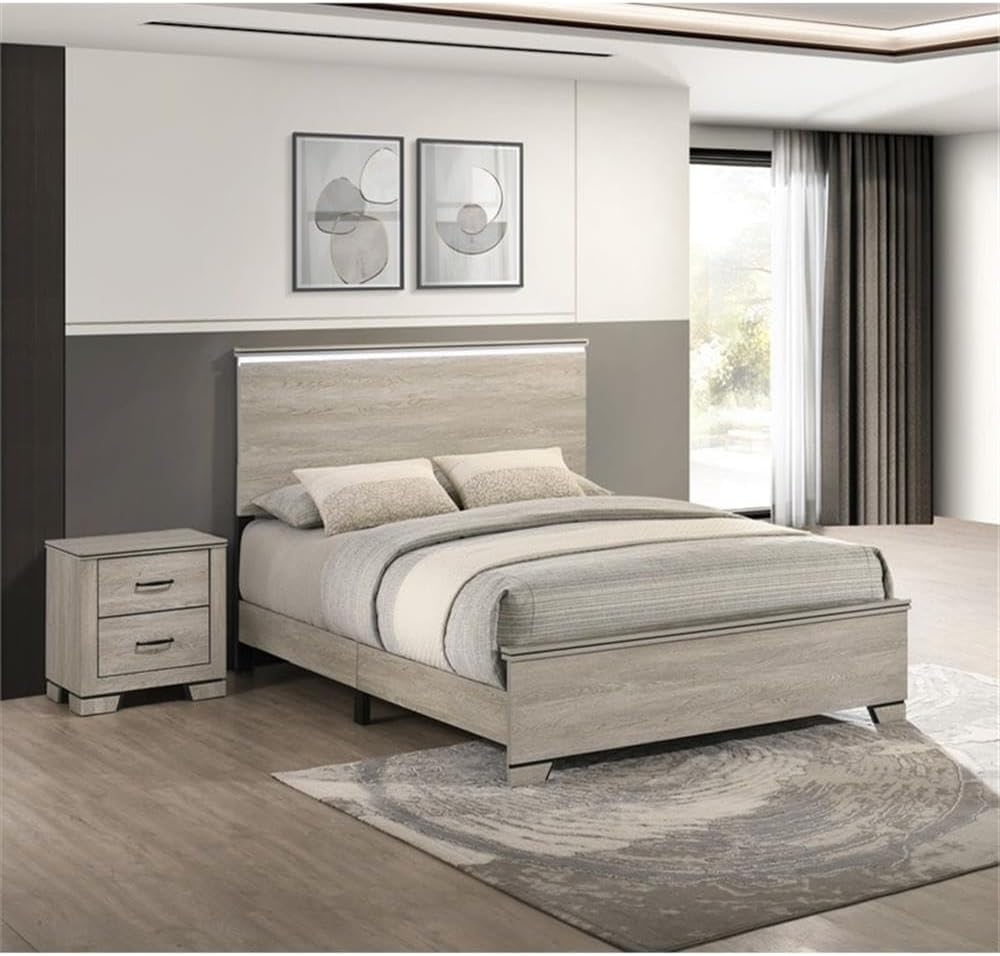 Best Quality Furniture Greige Rustic Oak Wood Bedroom Set with Charging Station and LED Lighting