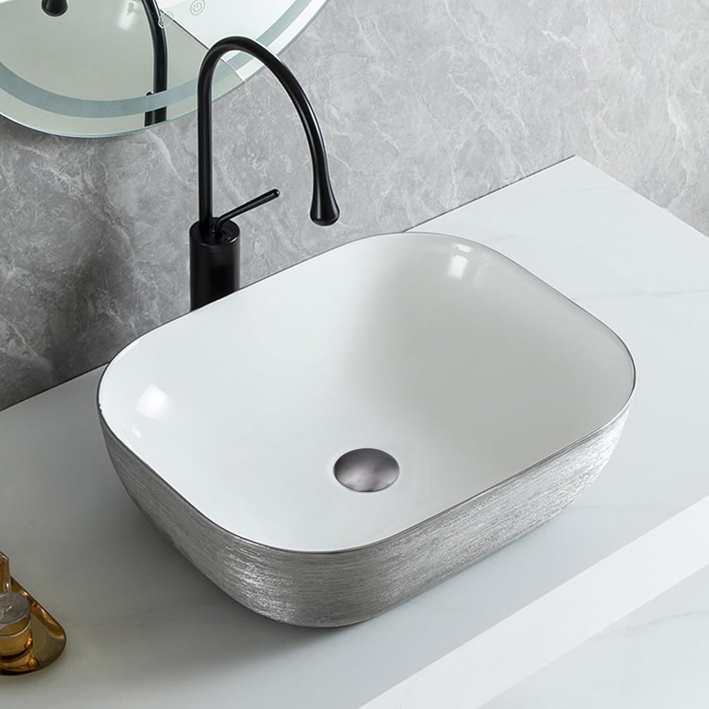 Strictly Sinks 19 Inch Bathroom Vessel Sink – Rectangular Silver & White Porcelain Countertop Bathroom Sink – Easy to Install Above Counter Luxurious Vessel Sink for Bathroom (19-3/4″ W x 16″ L x 6″H)