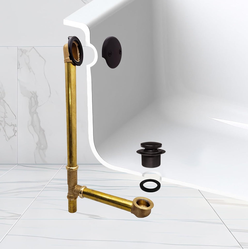 Westbrass A326-12 22-1/2' Brass Bath Waste & Overflow Assembly with Tip-Toe Drain Plug and 2-Hole Faceplate, Oil Rubbed Bronze