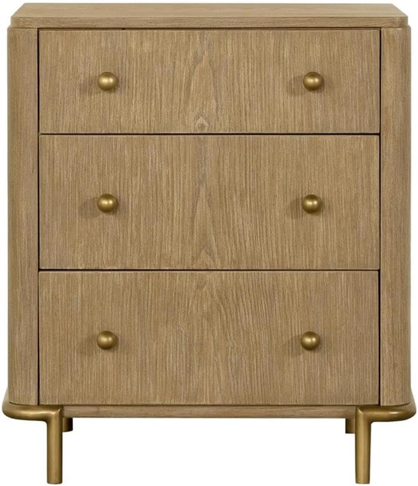 Pemberly Row 4-Piece Wood Queen Bedroom Set, Sand Wash Finish, Gray Fabric Upholstered Bed, Mirror with Jewelry Shelf, USB Nightstand, Dresser with Felt-Lined Drawers, Mid-Century Modern Style