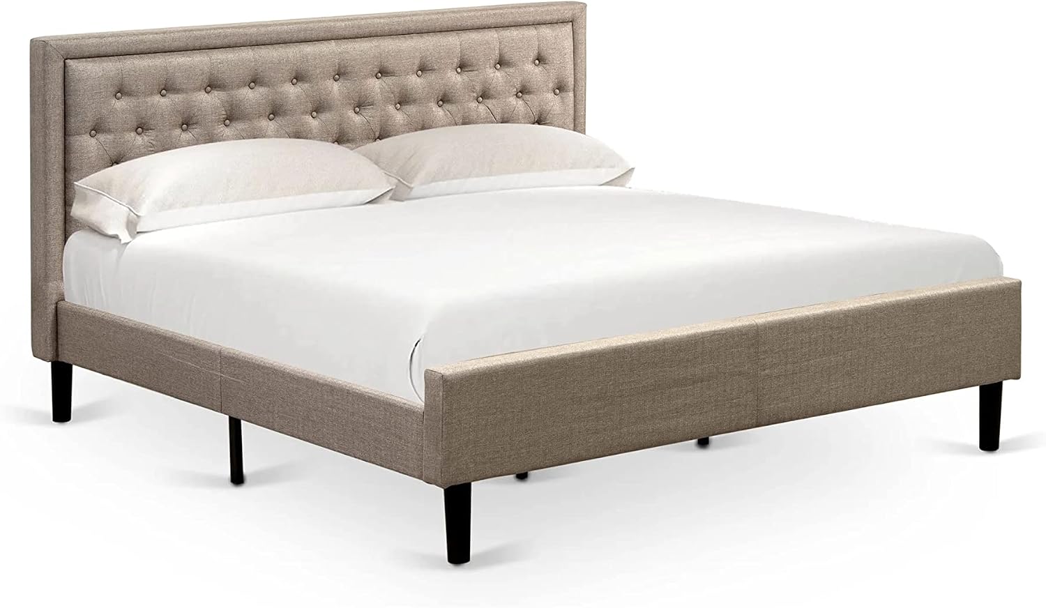 East West Furniture KDF-16-K Platform King Size Bed - Dark Khaki Linen Fabric Upholstered Bed Headboard with Button Tufted Trim Design - Black Legs