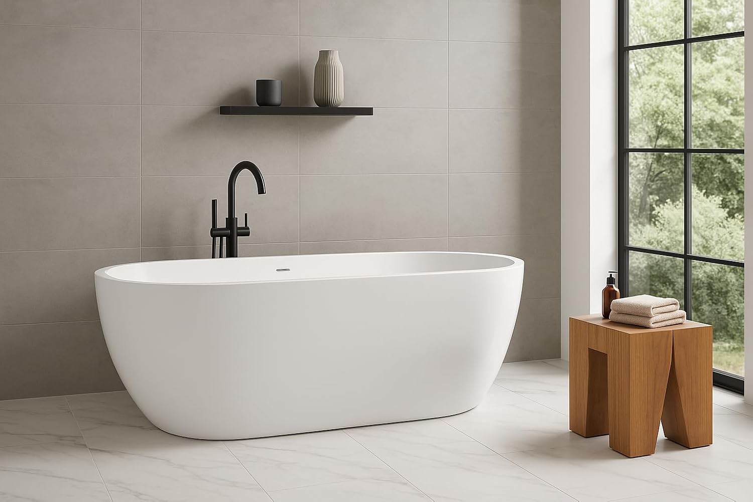 Carver Tubs - Seraphina 59' - Modern White Freestanding Soaking Bathtub - w/Chrome Drain - Two Person Contemporary Rounded Oval Acrylic Fiberglass Tub - Deep Relaxing Soak - 59'L x 29'W x 23.5'H