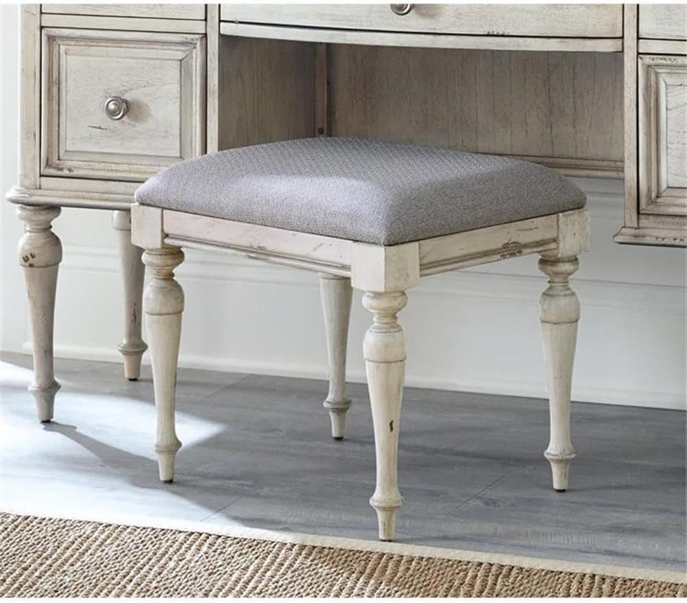 BOWERY HILL Modern Rustic Vanity Bench, Solid Hardwood Frame, Distressed Ivory Finish, Dove Gray Upholstered Seat, 20' W x 16' D x 18' H, Tapered Turned Legs, Vintage Farmhouse Bedroom Stool
