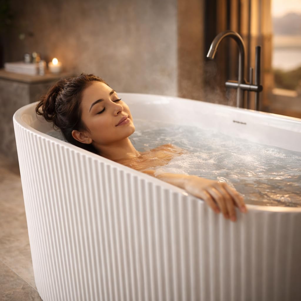 ANZZI Freestanding Soaking Bathtub 59 In Acrylic Solid Surface Glossy Flatbottom White Bailey Series 14.8 In Soaking Depth 67.4 Gal Capacity Overflow Drain Compact One Piece Design | AMZFT650-59