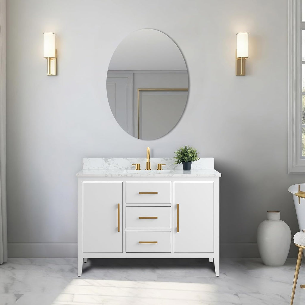 Vanity Art 48 inch Bathroom Vanity with Single Sink & Ceramic Top, Solid Wood, Vanity Cabinet with Soft-Closing Doors, Drawers, White, Golden Brushed Handware