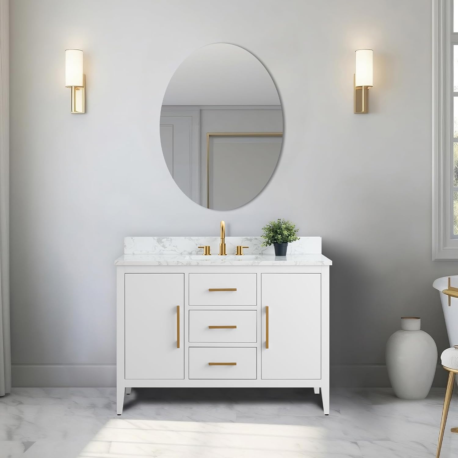 Vanity Art 48 inch Bathroom Vanity with Single Sink & Ceramic Top, Solid Wood, Vanity Cabinet with Soft-Closing Doors, Drawers, White, Golden Brushed Handware