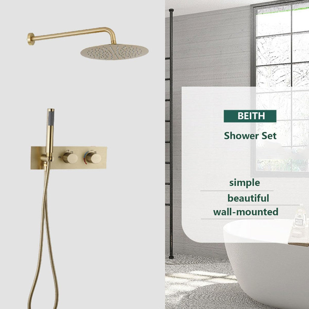 Shower System Concealed, 2 Functions Brushed Gold Shower Set, 8in/10in/12in Shower Faucet Set, 304 Stainless Steel Round Rotatable Shower Head, Brass Body, Self-Cleaning