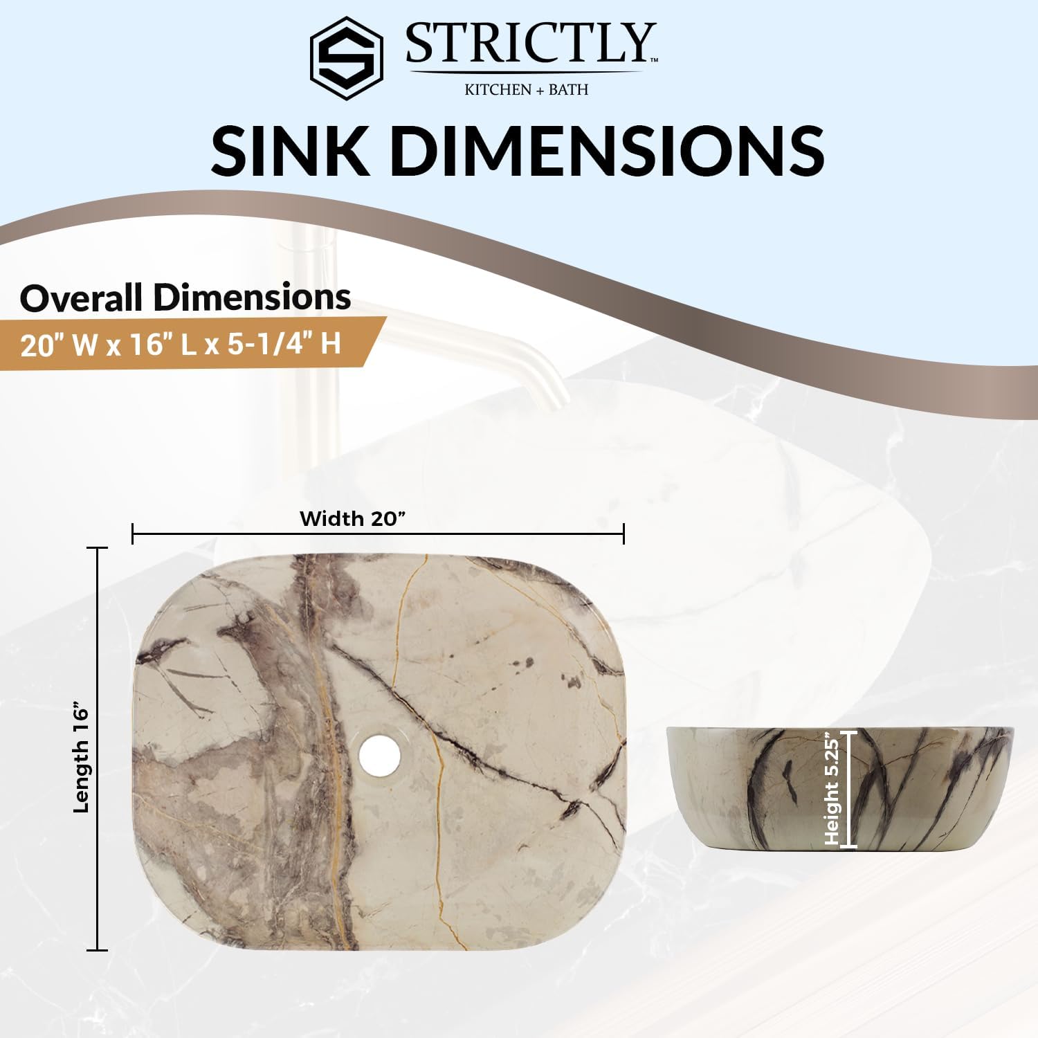 Strictly Sinks 20 Inch Bathroom Vessel Sink – Calacatta Marble Design Ceramic Countertop Bathroom Sink – Easy to Install Above Counter Luxurious Vessel Sink for Bathroom (20″ W x 16″ L x 5-1/4″ H)