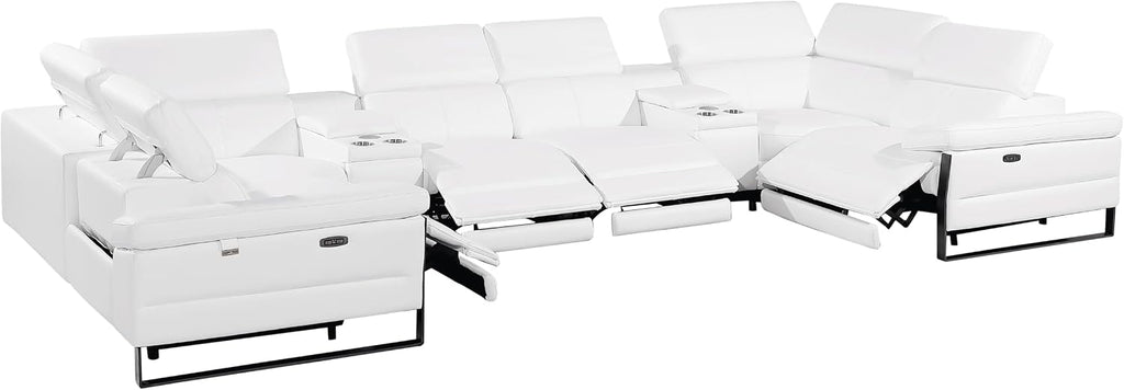 BlackJack Furniture Antonio 8 Piece U Shaped Power Reclining Sectional Sofa, Modular Couch with Top Grain Italian Leather, 4 Electric Recliners, USB & Wireless Chargers, Storage Console, White