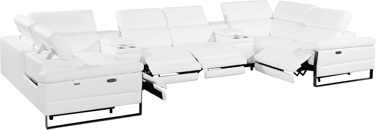 BlackJack Furniture Antonio 8 Piece U Shaped Power Reclining Sectional Sofa, Modular Couch with Top Grain Italian Leather, 4 Electric Recliners, USB & Wireless Chargers, Storage Console, White