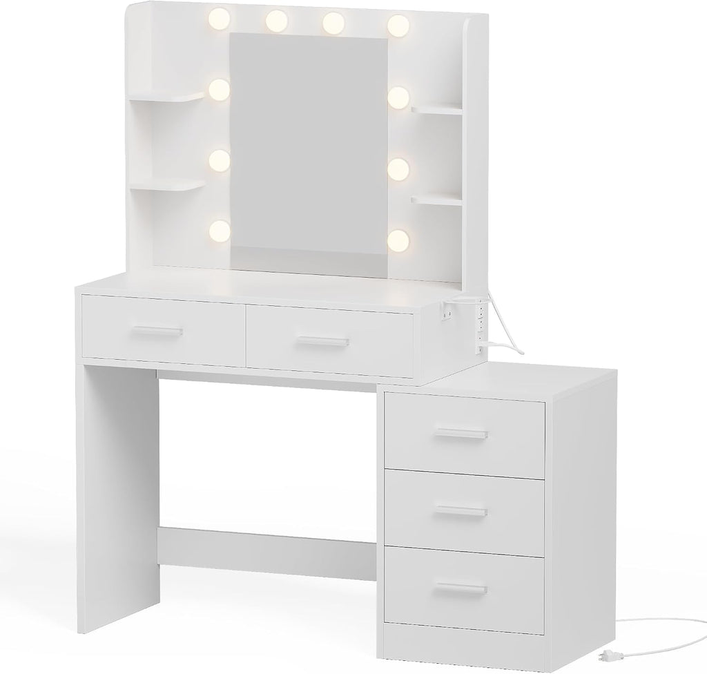 YESHOMY Makeup Vanity Desk with Mirror & Lights, Vanity Table with 5 Drawer, 6 Shelves, Charging Station for Bedroom, Dressing Room, Light White