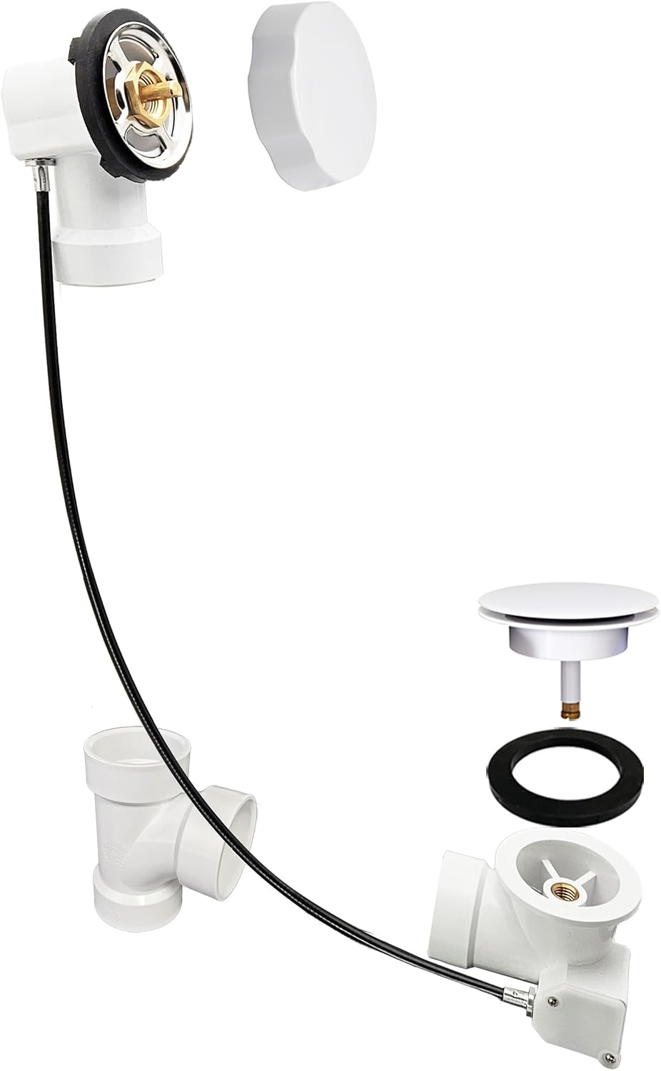 Westbrass A50P45-50 45' SCH. 40 PVC Cable Driven Bath Drain Trim Kit with Rotary Overflow Cover Knob and Pop-Up Stopper, White