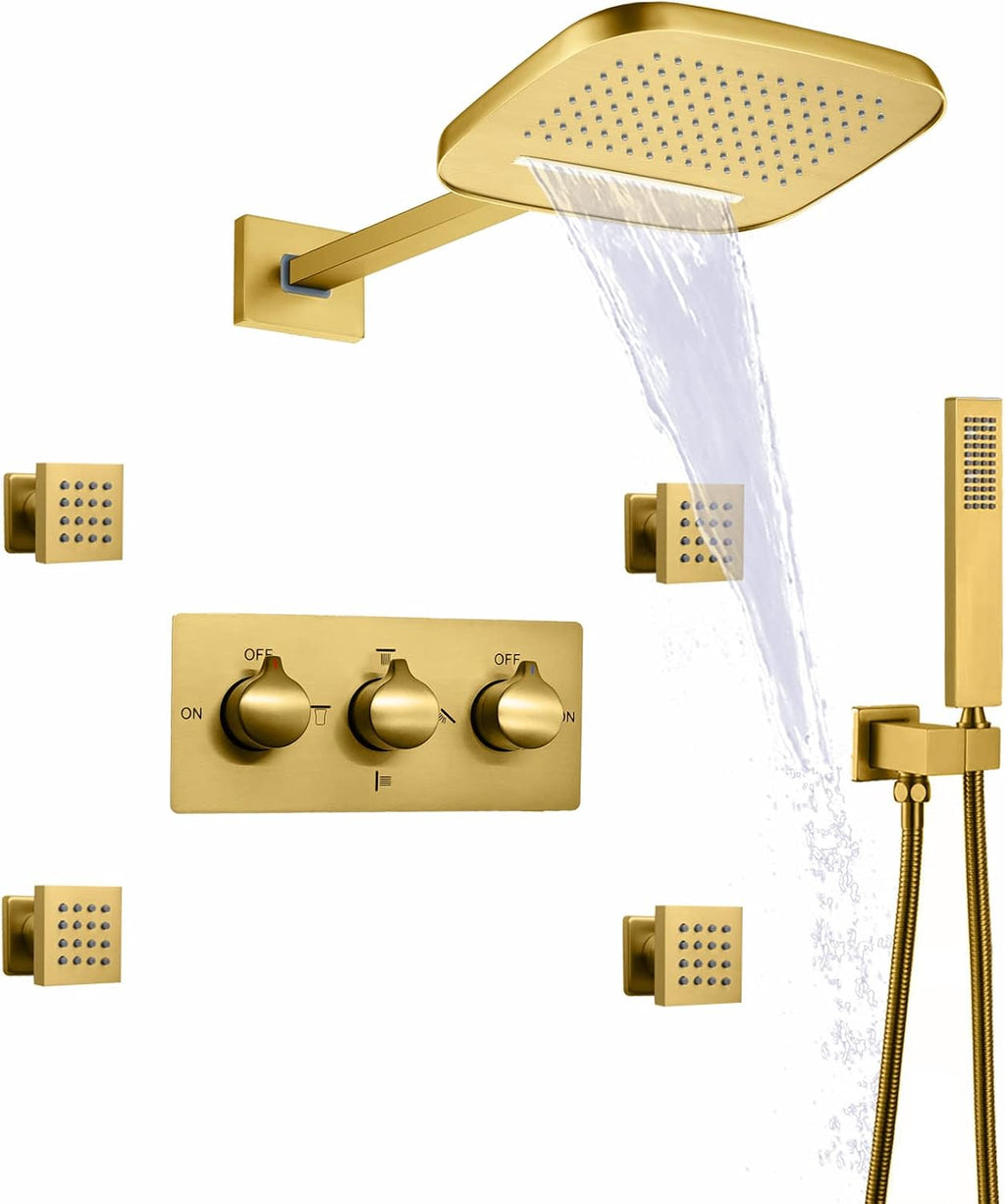 Waterfall Rain Shower System Wall Mounted Brass Ceiling Rainfall Shower Head With Handheld Sprays Massage Spa Body Combo Set (Brushed Gold)