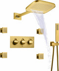 Waterfall Rain Shower System Wall Mounted Brass Ceiling Rainfall Shower Head With Handheld Sprays Massage Spa Body Combo Set (Brushed Gold)