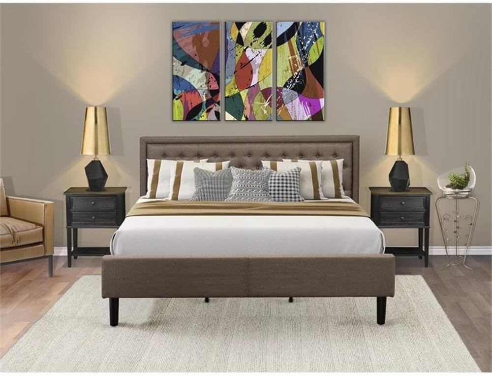 East West Furniture KD18K-2VL06 3 Piece King Size Bed Set - 1 King Bed Brown Linen Fabric Padded and Button Tufted Headboard with 2 Mid Century Nightstand - Wire Brushed Black Finish Nightstand