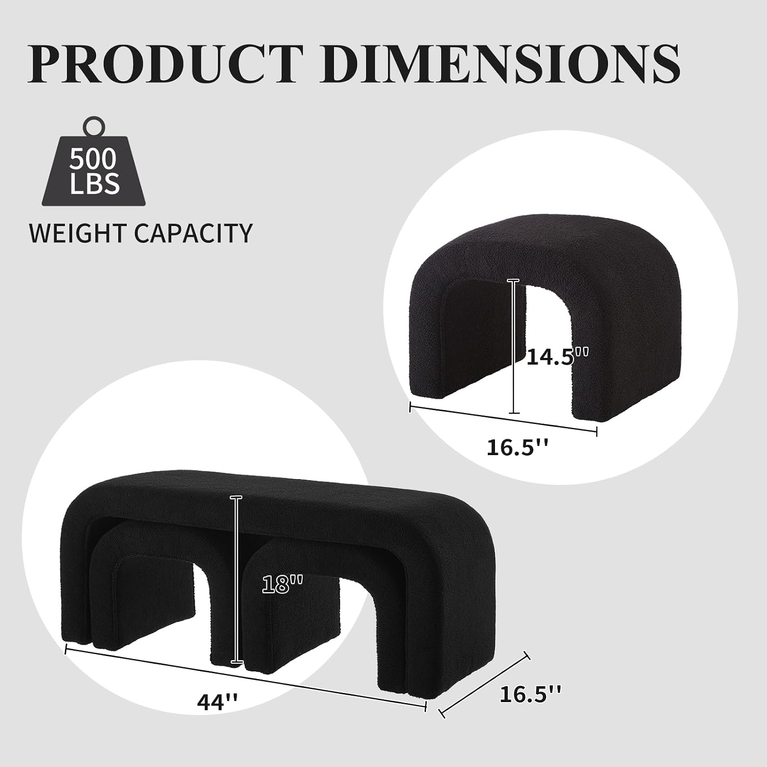3-Piece Modern Ottoman Bench Set, 44' Wide Teddy Upholstered End of Bed Bench with 2 Foot Stools, Padded U-Shaped Entry Bench Vanity Stool for Living Room Bedroom (Black)