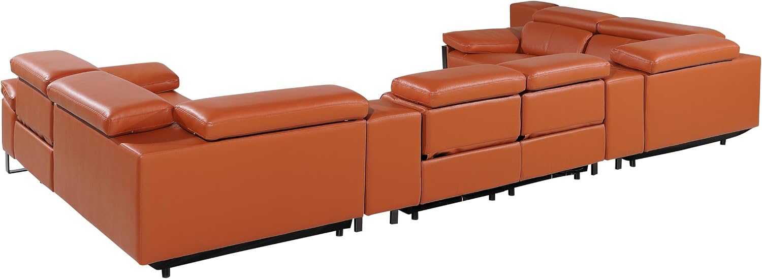 BlackJack Furniture Antonio 8 Piece U Shaped Power Reclining Sectional Sofa, Modular Couch with Top Grain Italian Leather, 4 Electric Recliners, USB & Wireless Chargers, Storage Console, Camel