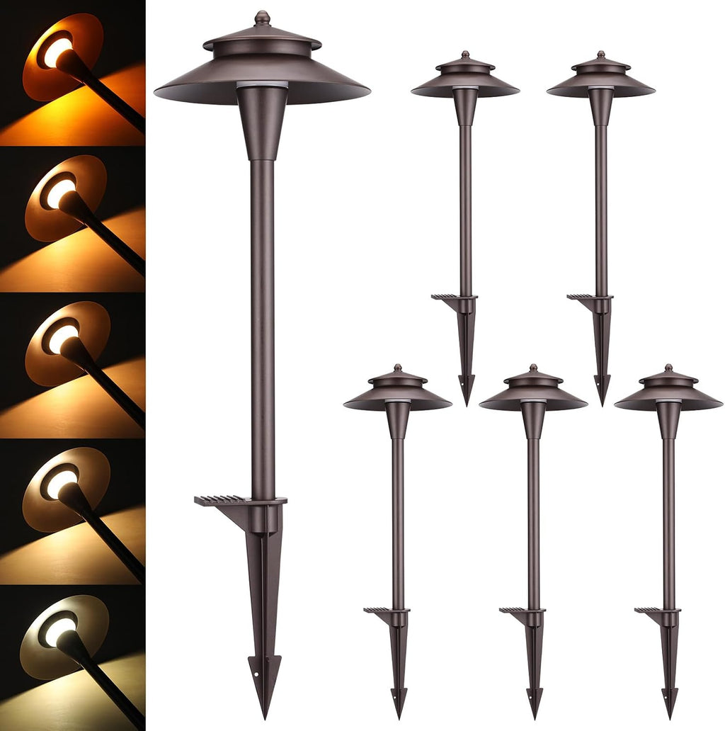 LEONLITE 5CCT Low Voltage Pathway Lights, LED Landscape Path Lights, 1800/2700/3000/4000/5000K, Double Layer Head, 12-24V AC/DC, IP65 Outdoor Walkway Light, Oil Rubbed Bronze Aluminum, Pack of 6