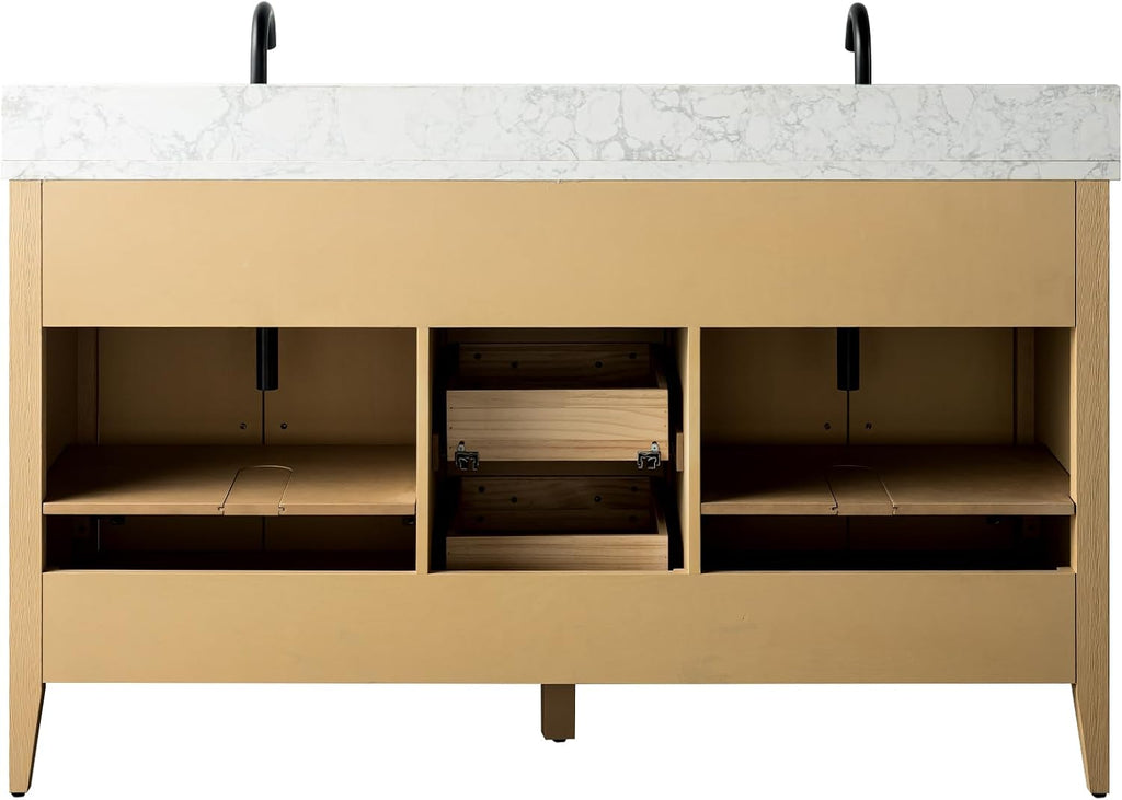 Vanity Art 60 inch Bathroom Vanity with Double Sink & Ceramic Top, Vanity Cabinet with Soft-Closing Doors, Drawers, Solid Wood Frame, Natural Oak, VA9060-DNO-GB1