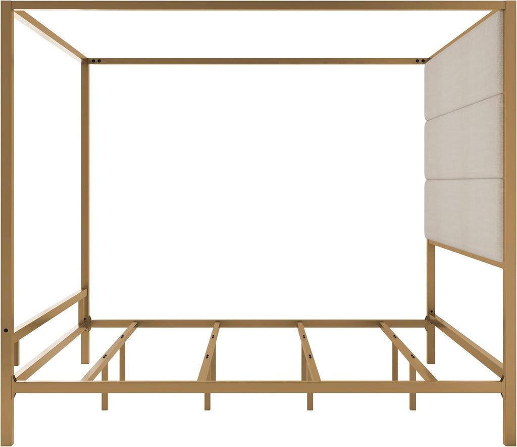 King Size Metal Canopy Bed Frame, Canopy Bed with Tall Linen Fabric Upholstered Headboard, Box Spring Needed, Gold+Tan
