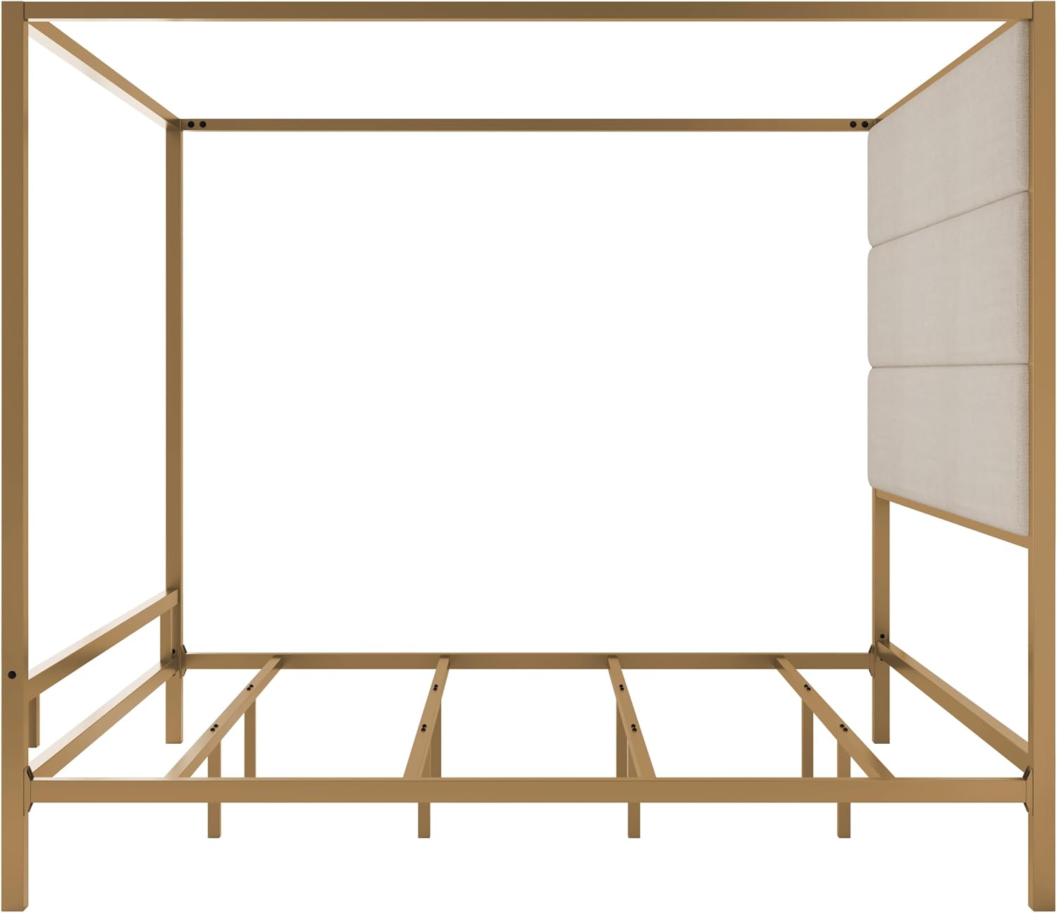 King Size Metal Canopy Bed Frame, Canopy Bed with Tall Linen Fabric Upholstered Headboard, Box Spring Needed, Gold+Tan