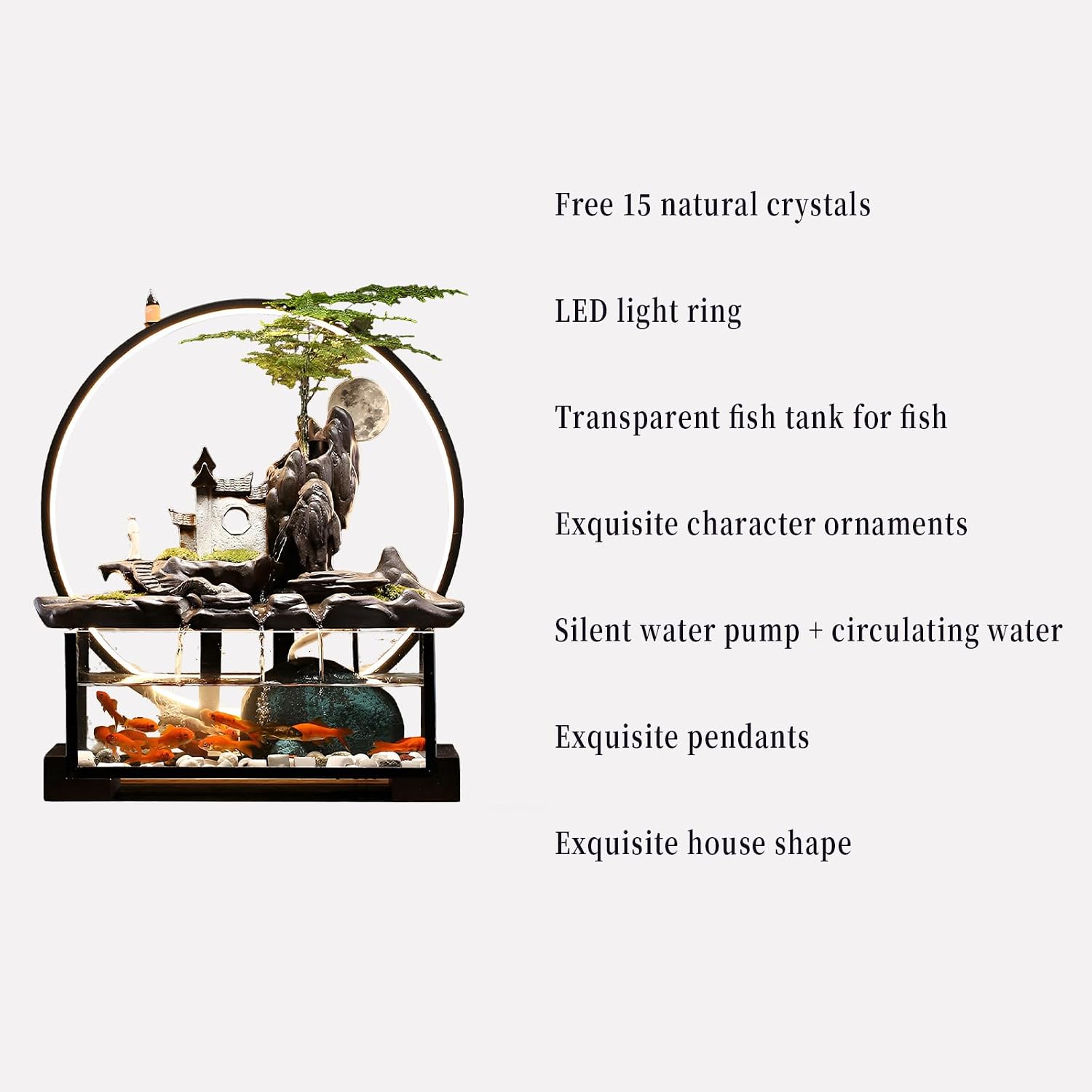 Desktop Ceramic Water Fountain Fish Tank - Adjustable Water Flow with LED Lights | Indoor Decoration Fortune Gifts+15 PCS Free Crystals (Style 2)