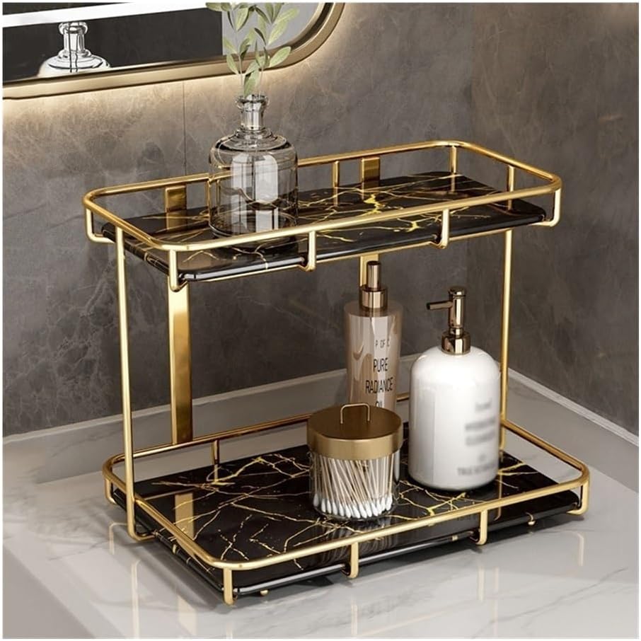 Shelves, 2-Tier Bathroom Orga Countertop, Luxury Perfume Makeup Orga, Marble Ceramic Vanity Tray Dresser with Gold Stainless Steel Frame Bathroom Accessories(White-One Size)