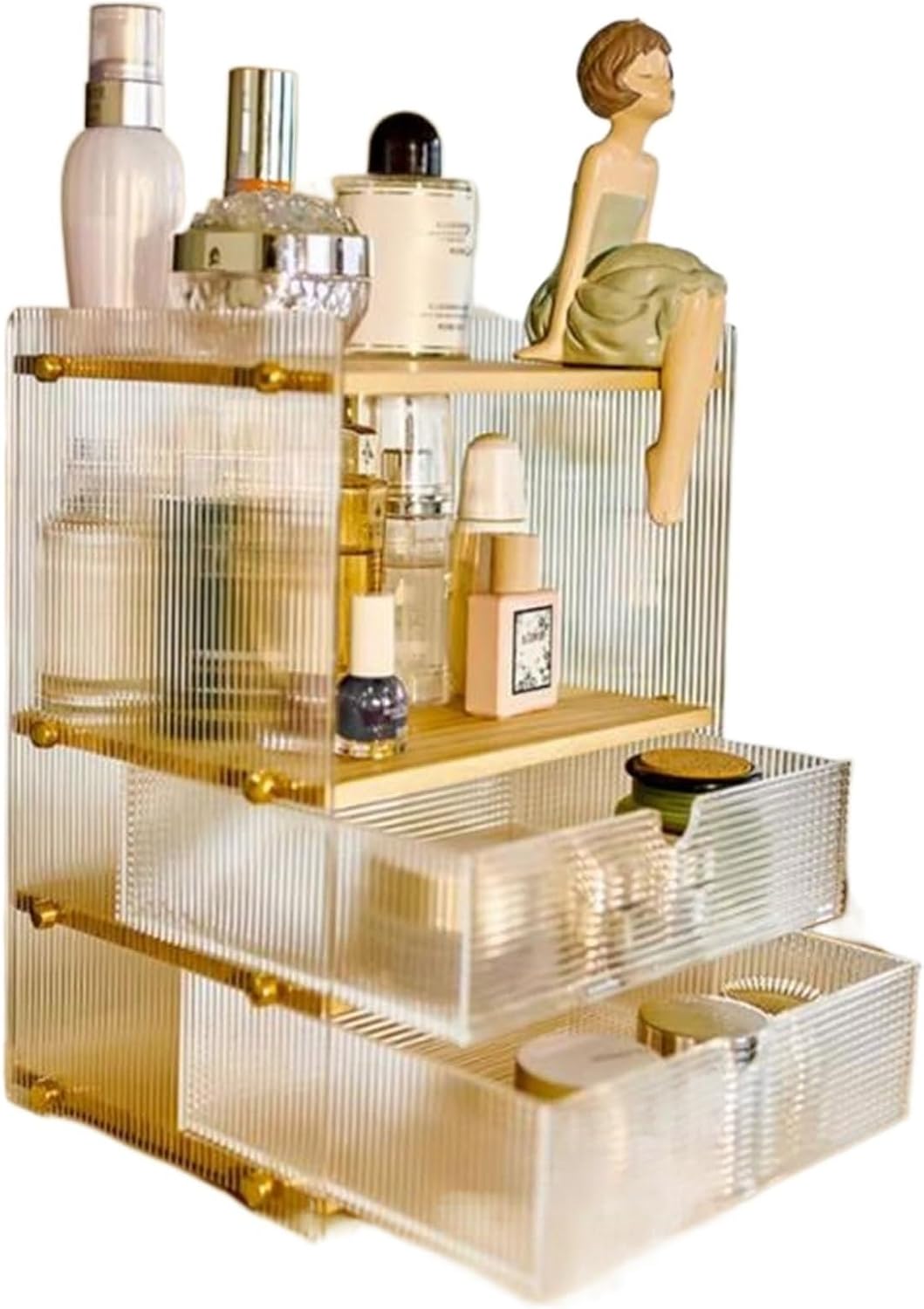 Makeup Organiser Storage Acrylic Makeup Organizer for Vanity, Multi-function Desk Organizer with 2 Drawers and Storage Cabinet,Clear Bathroom Organizer Countertop for Cosmetics,Lipsticks,Jewelry,Nail