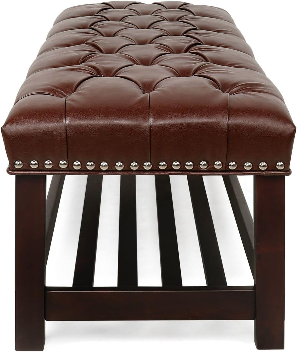 60in Button-Tufted Leather Indoor Bench, Brown Upholstered Shoe Bench Entryway, Bedroom Bench Seat, End of Bed Ottoman, Vanity Bench with Wooden Base Shoes Rack (Brown+Wooden)