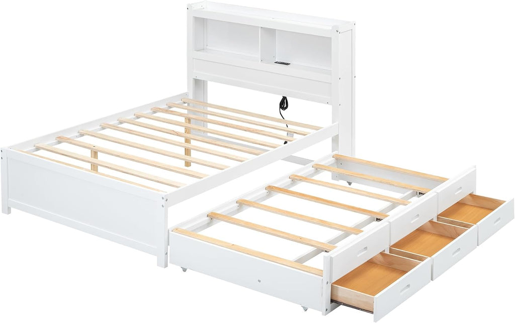 SOFTSEA Full Trundle Bed Frame with Storage Headboard Wood Platform Bed Frame with Trundle and USB Plugs