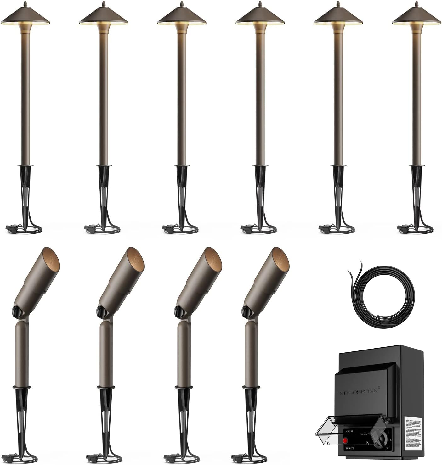 GOODSMANN 12V AC Landscape Lighting Kit with 6PCS 10W Bronze Halogen Pathway Lights & 4PCS Metal Material 20W Flooding Lights & 75Feet 16AWG Wire & 150W Outdoor Low Voltage Landscape Transformer